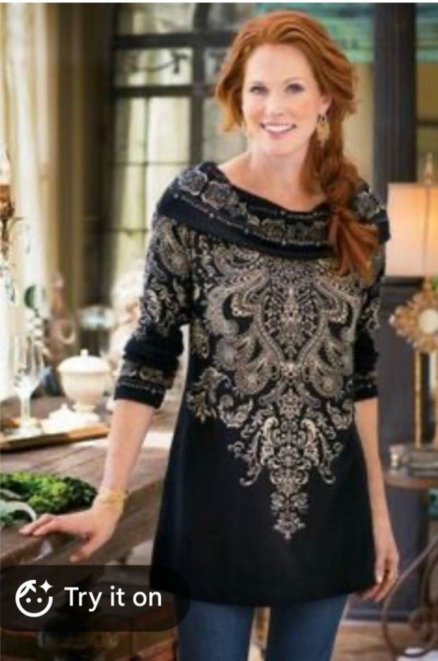 Soft Surroundings Black & Tan Print Wide Collar Tunic Sweater sz L EUC